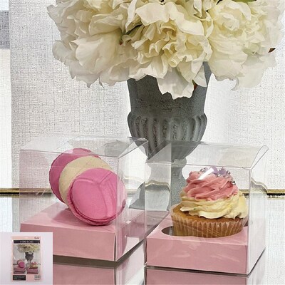 Clear Single Cake/Cupcake Box with Pink Insert Base (Pk 4)