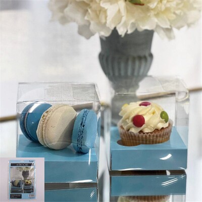 Clear Single Cake/Cupcake Box with Blue Insert Base (Pk 4)
