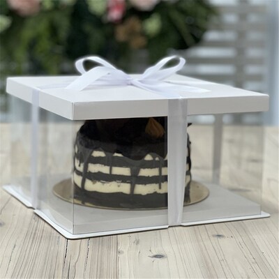 Clear Acetate Cake Box with White Base, Top & Ribbon 8x8x6in (Pk 1)