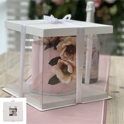 Clear Acetate Cake Box with White Base, Top & Ribbon 8x8x10in (Pk 1)