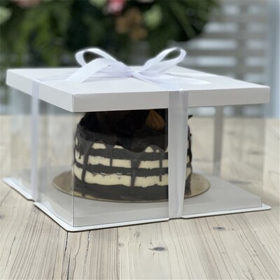 Clear Acetate Cake Box with White Base, Top & Ribbon 12x12x6in (Pk 1)
