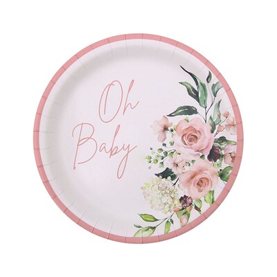 Pink Floral Oh Baby Paper Plates 18cm (Pk 12)