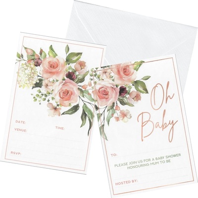 Pink Floral Oh Baby Invitations & Envelopes (Pk 6)