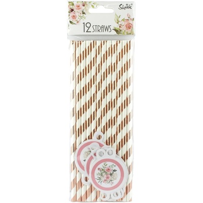 Pink Floral Rose Gold & White Paper Straws (Pk 12)