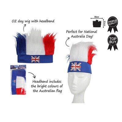 Australia Day Adult Wig on Headband - Red White & Blue with Aussie Flag Pk 1 