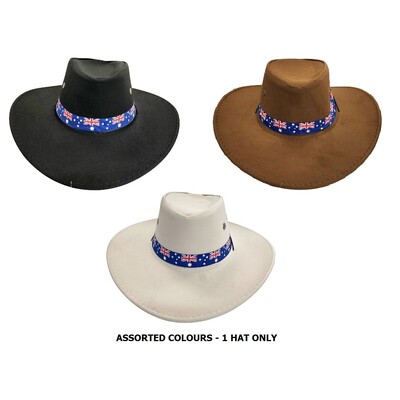 Australia Day Faux Suede Cowboy Hat Assorted Colour Pk 1