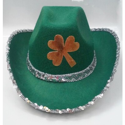 St. Patrick's Day Green Cowboy Hat with Gold Shamrock & Silver Trim Pk 1