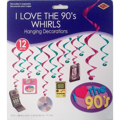 I Love The 90's Retro Assorted Design Hanging Swirl Decorations Pk 12