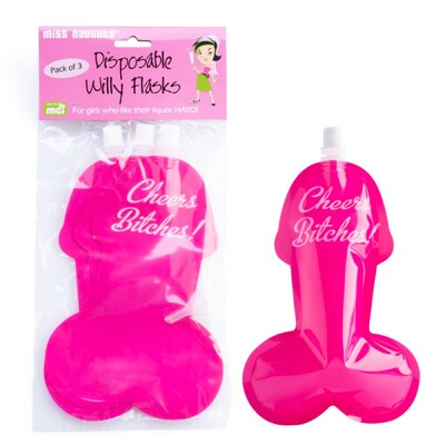 Hot Pink Hens Night Party Disposable Willy Flasks (Pk 3)