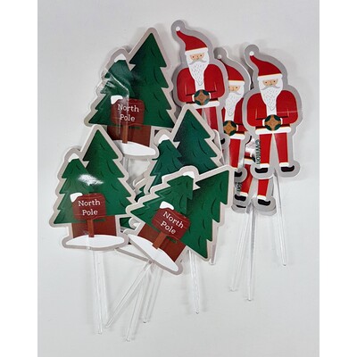 Christmas Santa & North Pole Tree Cupcake Pick Toppers Pk 12