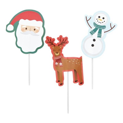 Christmas Santa Snowman Reindeer Cupcake Toppers Picks (Pk 12)