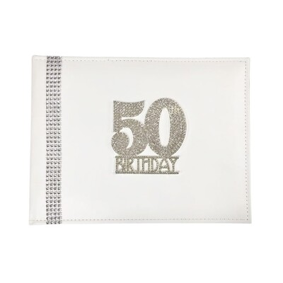 50th Birthday White Faux Leather Diamantes Guest Book