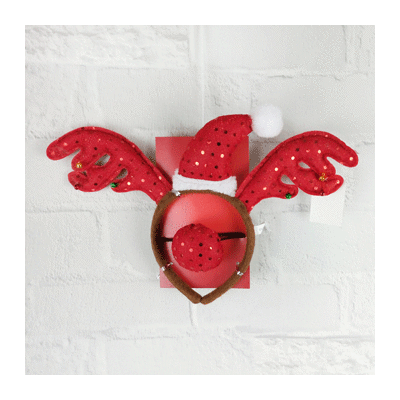 Christmas Santa Hat Headband with Antlers & Nose + Bells Pk 1