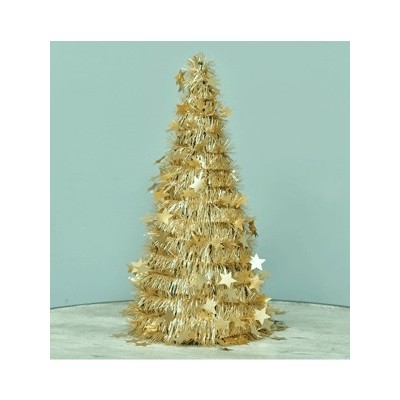 Gold Tinsel Cone Christmas Tree with Stars (48cm) Pk 1