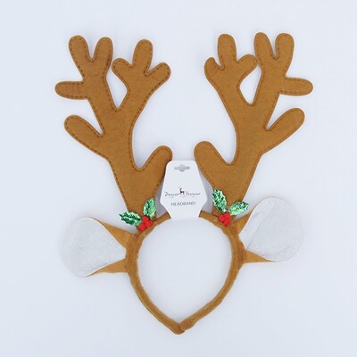 Christmas Reindeer Antler Headband with Ears & Holly Pk 1