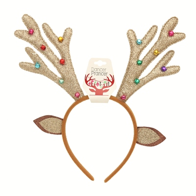 Gold Glitter Christmas Reindeer Antlers with Baubles Headband (Pk 1)