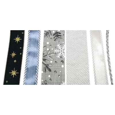 Christmas Ribbon Silver Mix 2m Assorted Designs (Pk 6)
