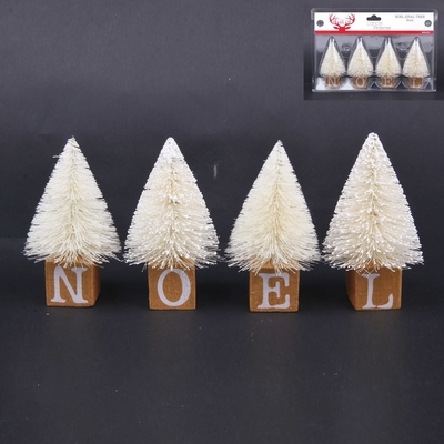 Noel Blocks with Ivory Christmas Trees Decoration 9cm (Pk 4)