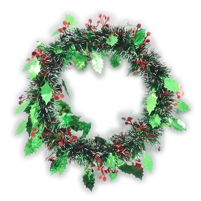 Green & Red Christmas Wreath With Tinsel Berries 33cm (Pk 1)
