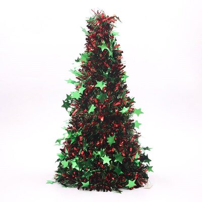 Red & Green Tinsel Christmas Cone Tree with Stars Decoration (48cm)