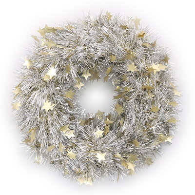 Silver & Gold Christmas Tinsel Wreath with Stars 45cm (Pk 1)