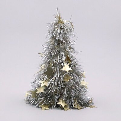 Silver & Gold Tinsel Christmas Cone Tree with Stars Decoration (26cm)