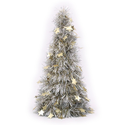 Silver & Gold Tinsel Christmas Cone Tree with Stars Decoration (47cm)