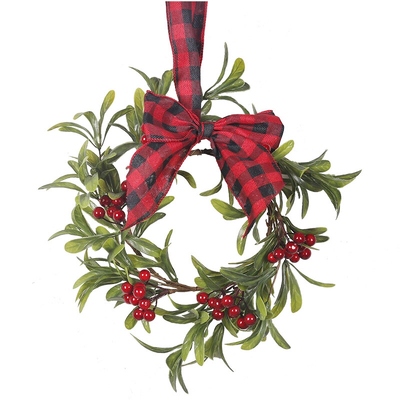 Christmas Mistletoe Wreath with Red & Black Gingham Bow