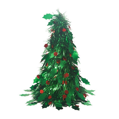 Green Holly & Berries 27cm Christmas Tinsel Cone Tree