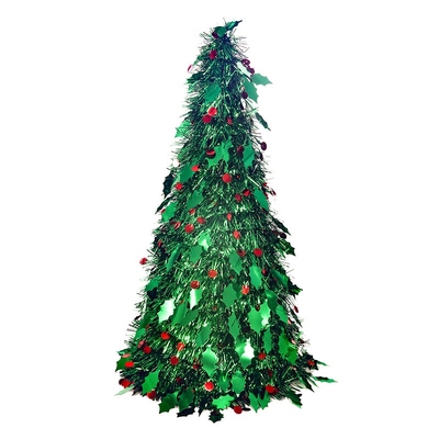 Green Holly & Berries 47cm Christmas Tinsel Cone Tree