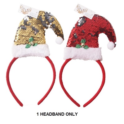 Gold or Red Mini Sequin Santa Hat Christmas Headband (Pk 1)