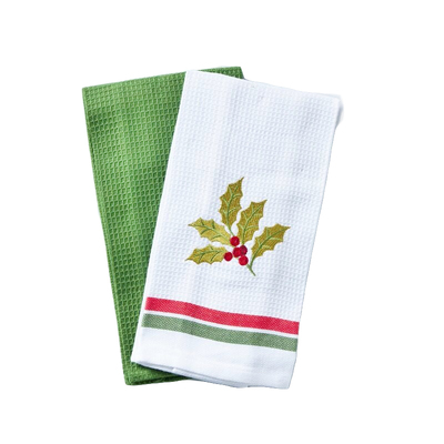 Green & White Cotton Blend Christmas Tea Towels (Pk 2)