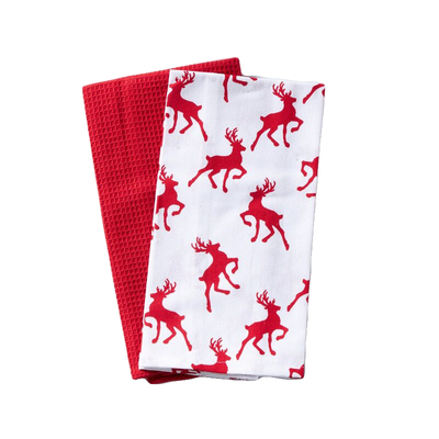 Red & White Cotton Blend Christmas Tea Towels (Pk 2)