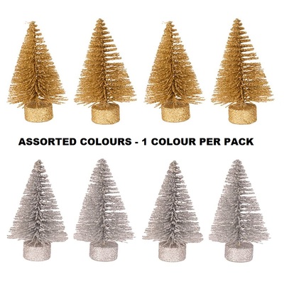 Silver or Gold Mini Glitter Christmas Tree Decorations 8cm Pk 4