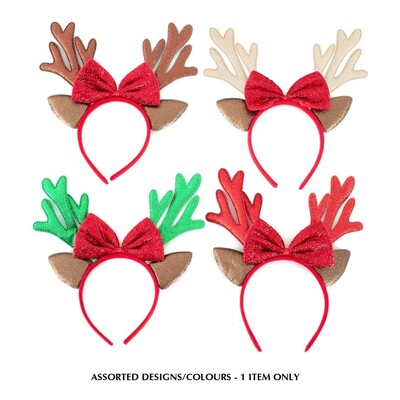 Christmas Glitter Reindeer Antlers & Bow Headband Assorted Pk 1