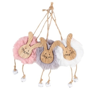 Assorted Hanging Fluffy Pom Pom Easter Bunny with Bells (Pk 3)