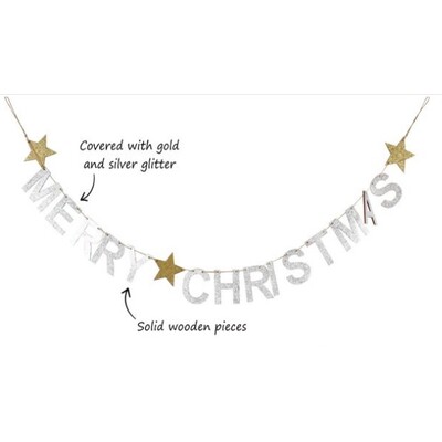 Merry Christmas Sliver & Gold Glitter Wooden Banner (1.4m) Pk 1